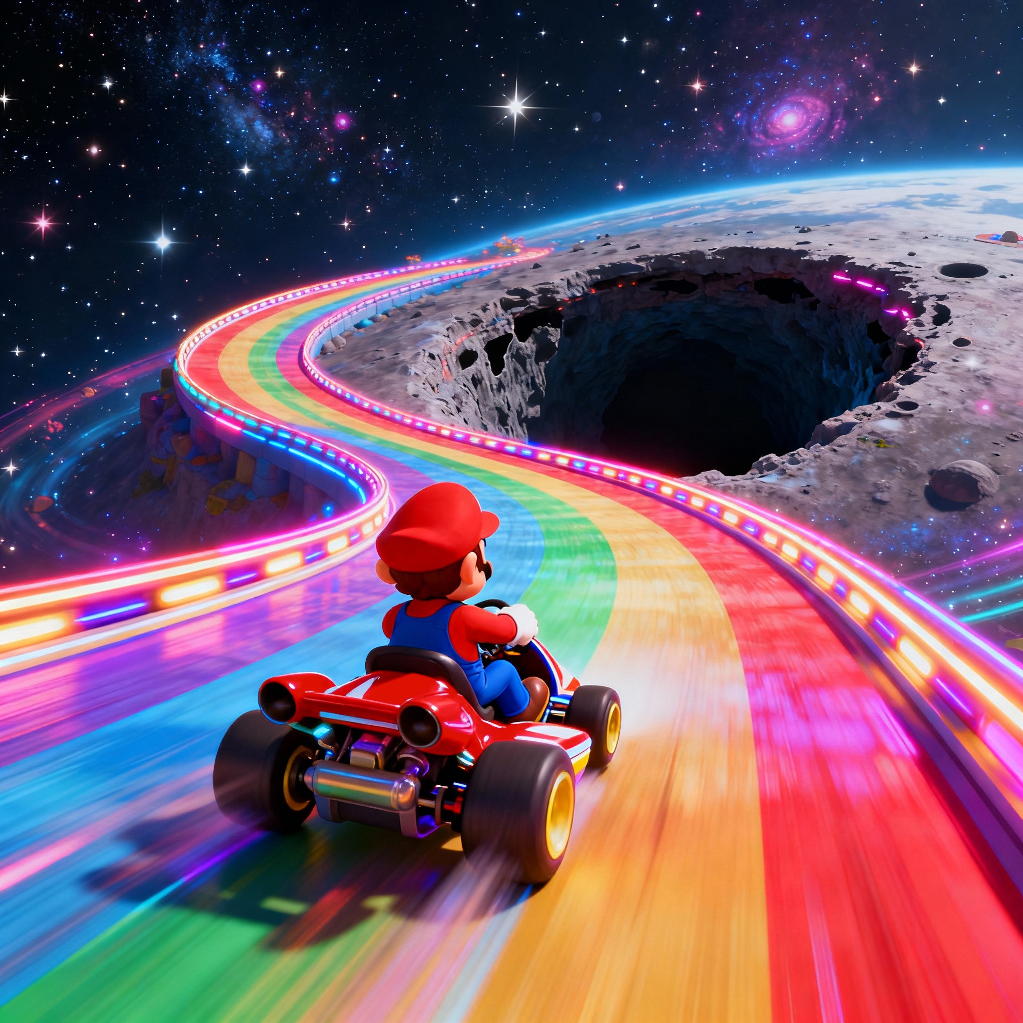 Mario Kart character approaching hole gap on Rainbow Road track third person gaming perspective